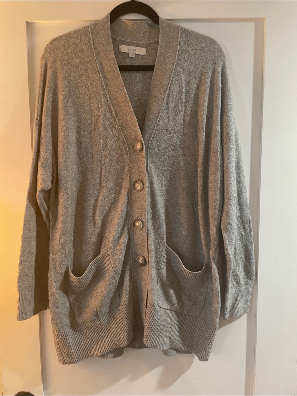 LOFT Gray Button-Up Pocket Cardigan